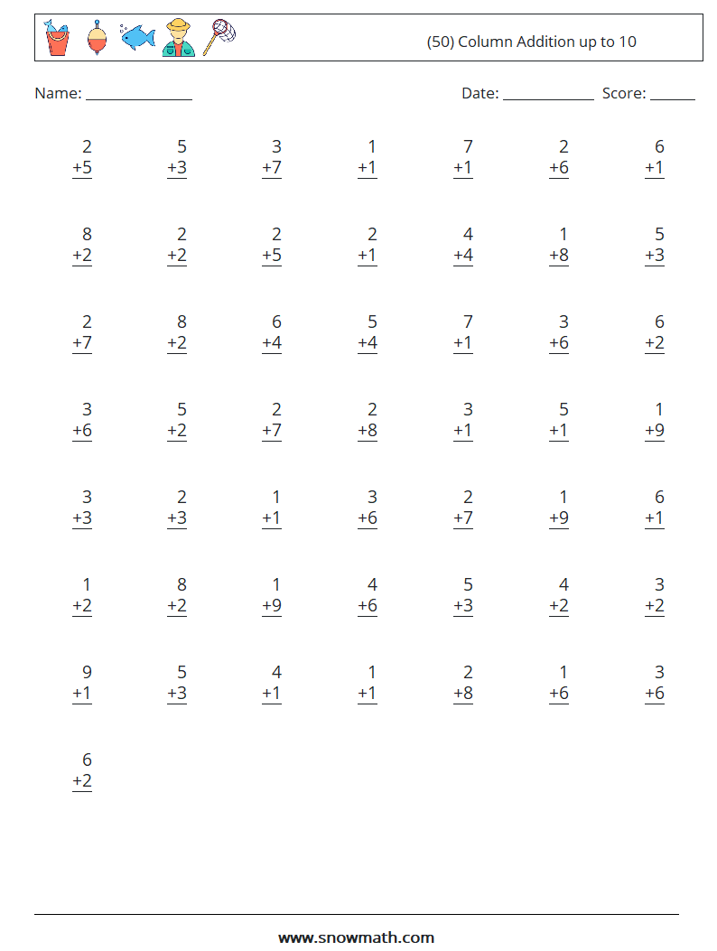 (50) Column Addition up to 10 Math Worksheets 3