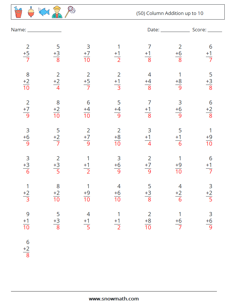 (50) Column Addition up to 10 Math Worksheets 3 Question, Answer