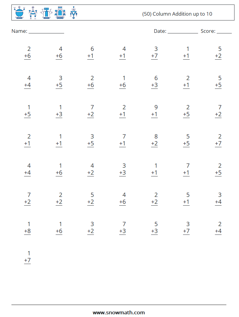 (50) Column Addition up to 10 Math Worksheets 5