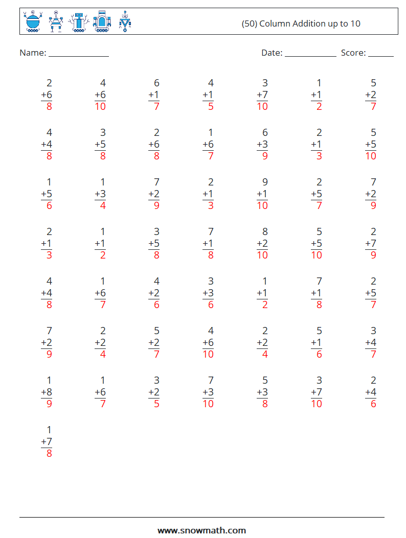 (50) Column Addition up to 10 Math Worksheets 5 Question, Answer