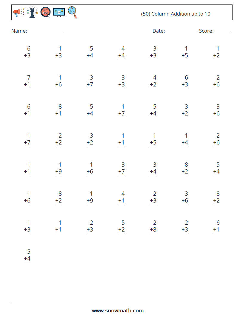 (50) Column Addition up to 10 Math Worksheets 6