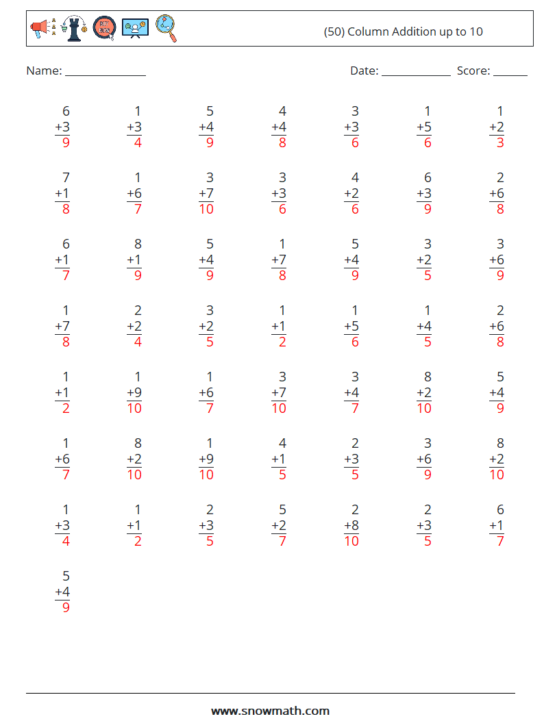 (50) Column Addition up to 10 Math Worksheets 6 Question, Answer