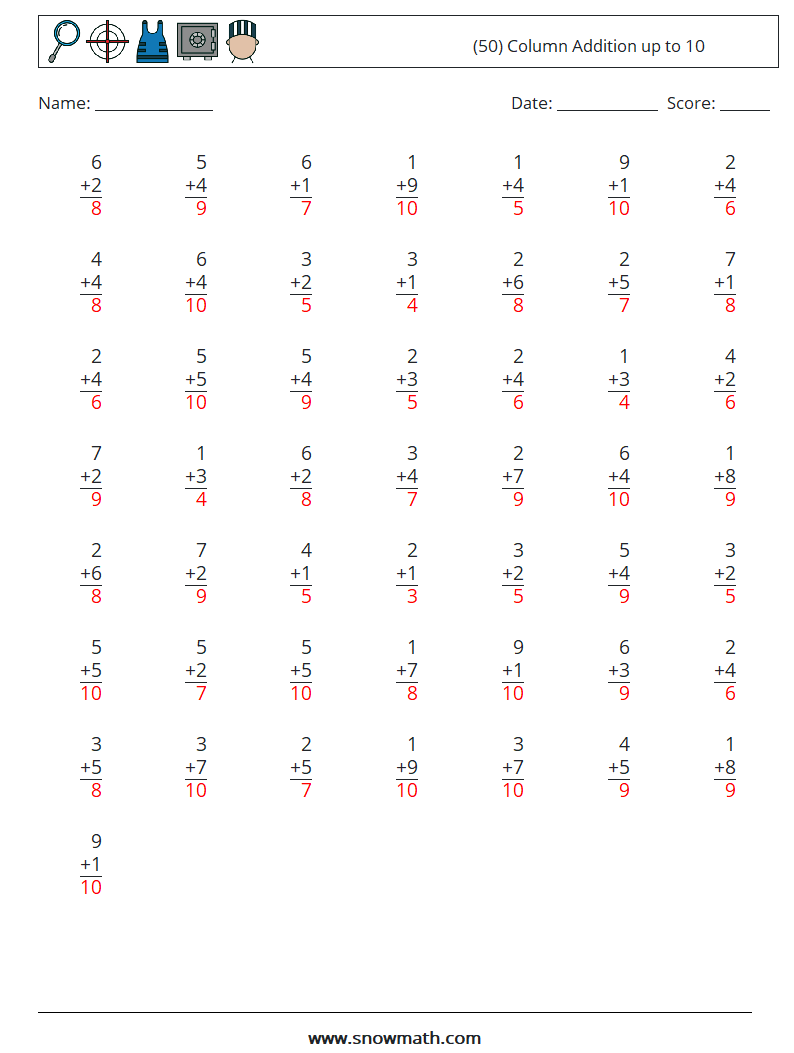 (50) Column Addition up to 10 Math Worksheets 7 Question, Answer