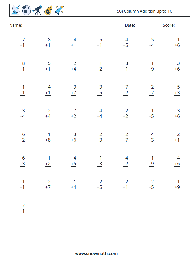 (50) Column Addition up to 10 Math Worksheets 8