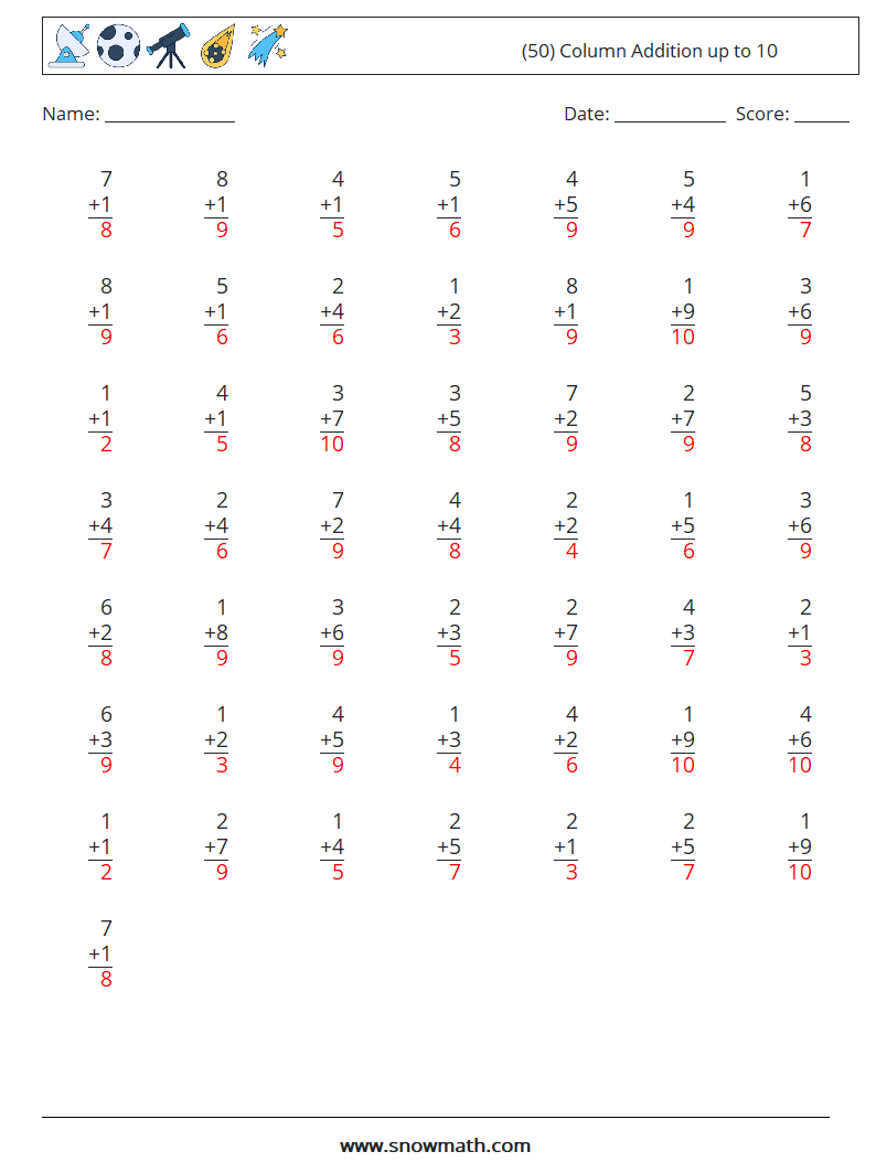 (50) Column Addition up to 10 Math Worksheets 8 Question, Answer