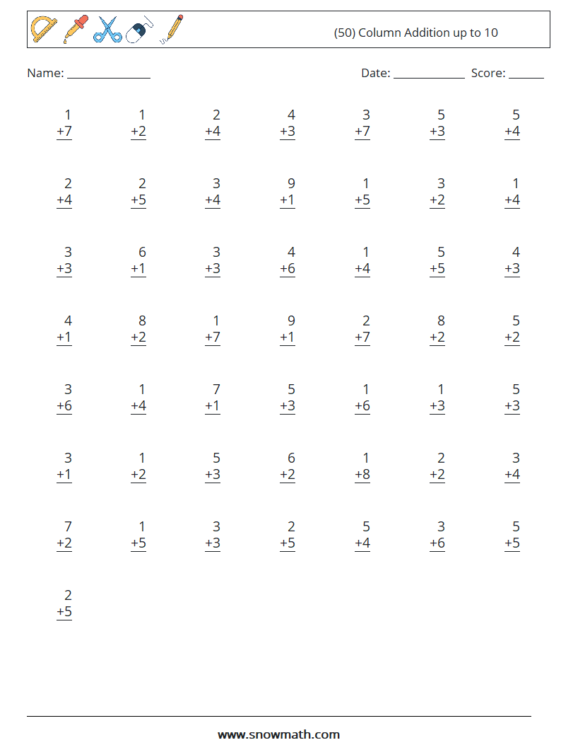 (50) Column Addition up to 10 Math Worksheets 9