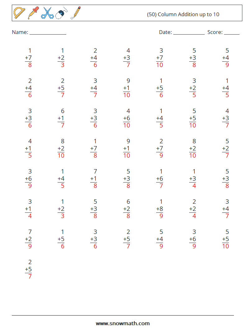 (50) Column Addition up to 10 Math Worksheets 9 Question, Answer