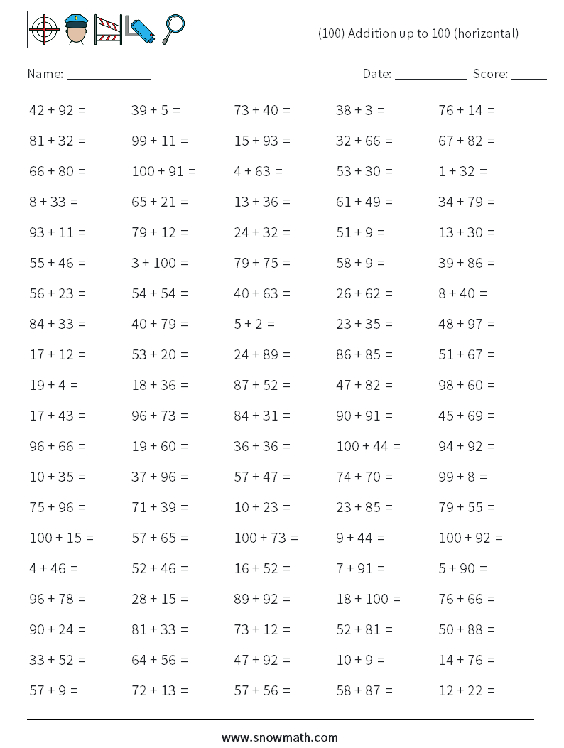 (100) Addition up to 100 (horizontal) Math Worksheets 2