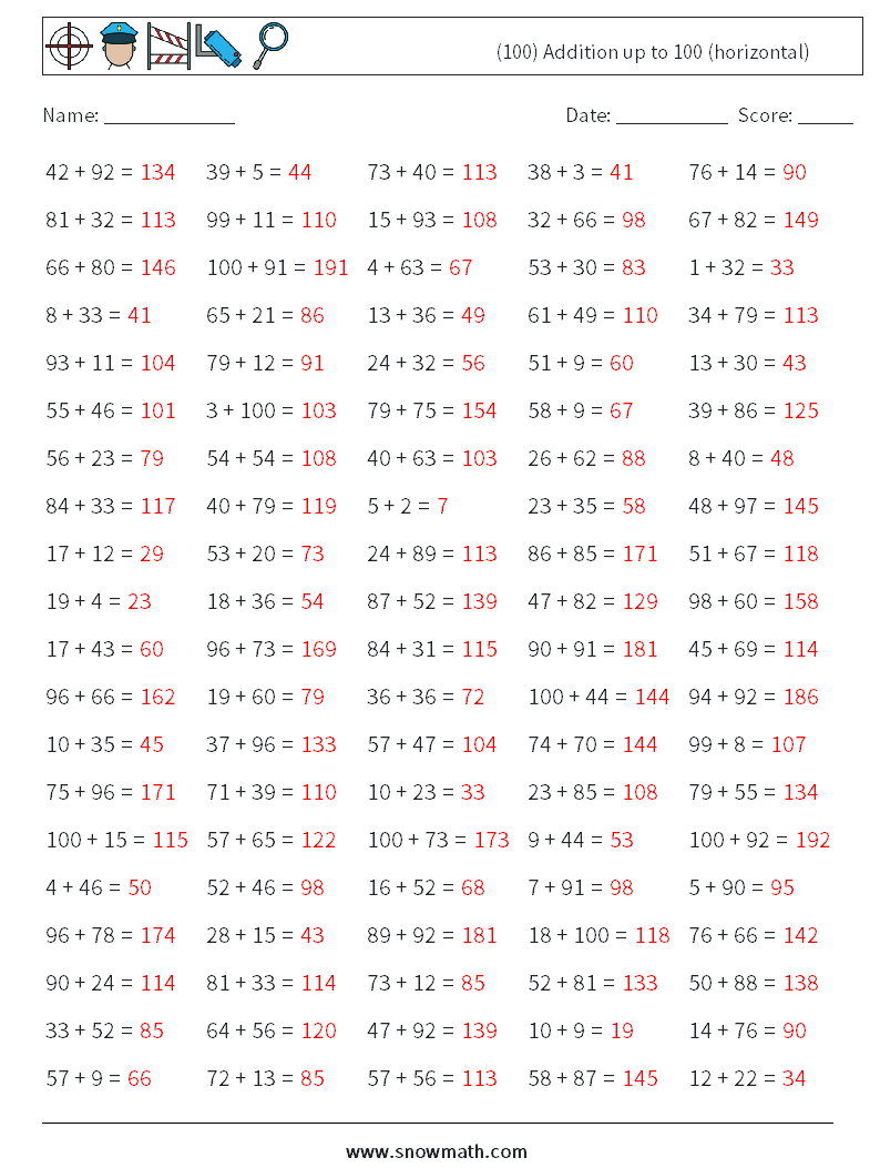 (100) Addition up to 100 (horizontal) Math Worksheets 2 Question, Answer