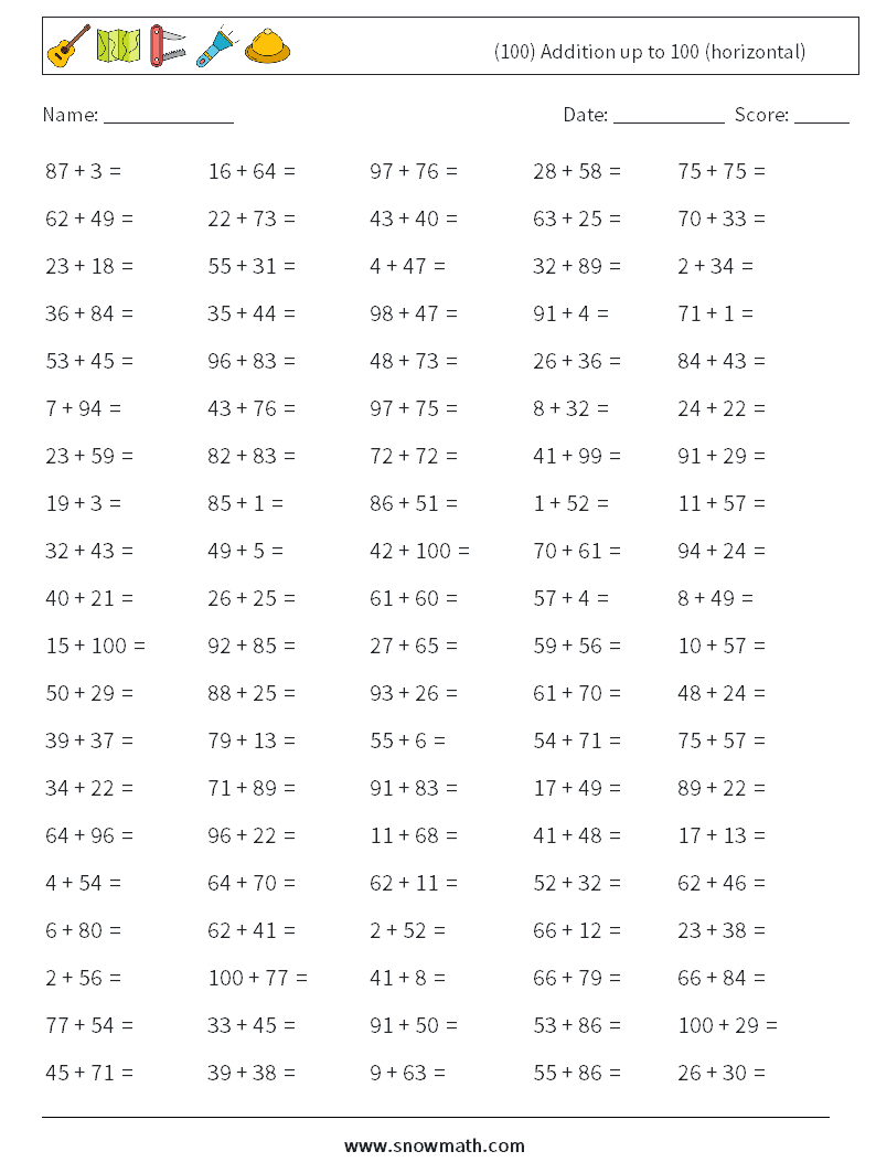 (100) Addition up to 100 (horizontal) Math Worksheets 3