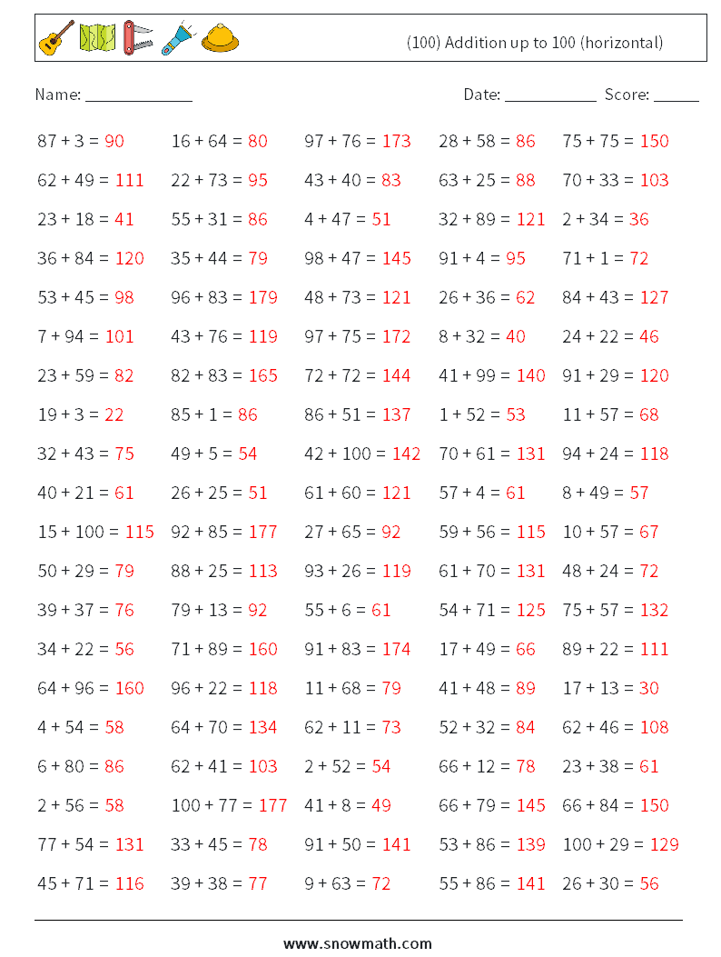 (100) Addition up to 100 (horizontal) Math Worksheets 3 Question, Answer