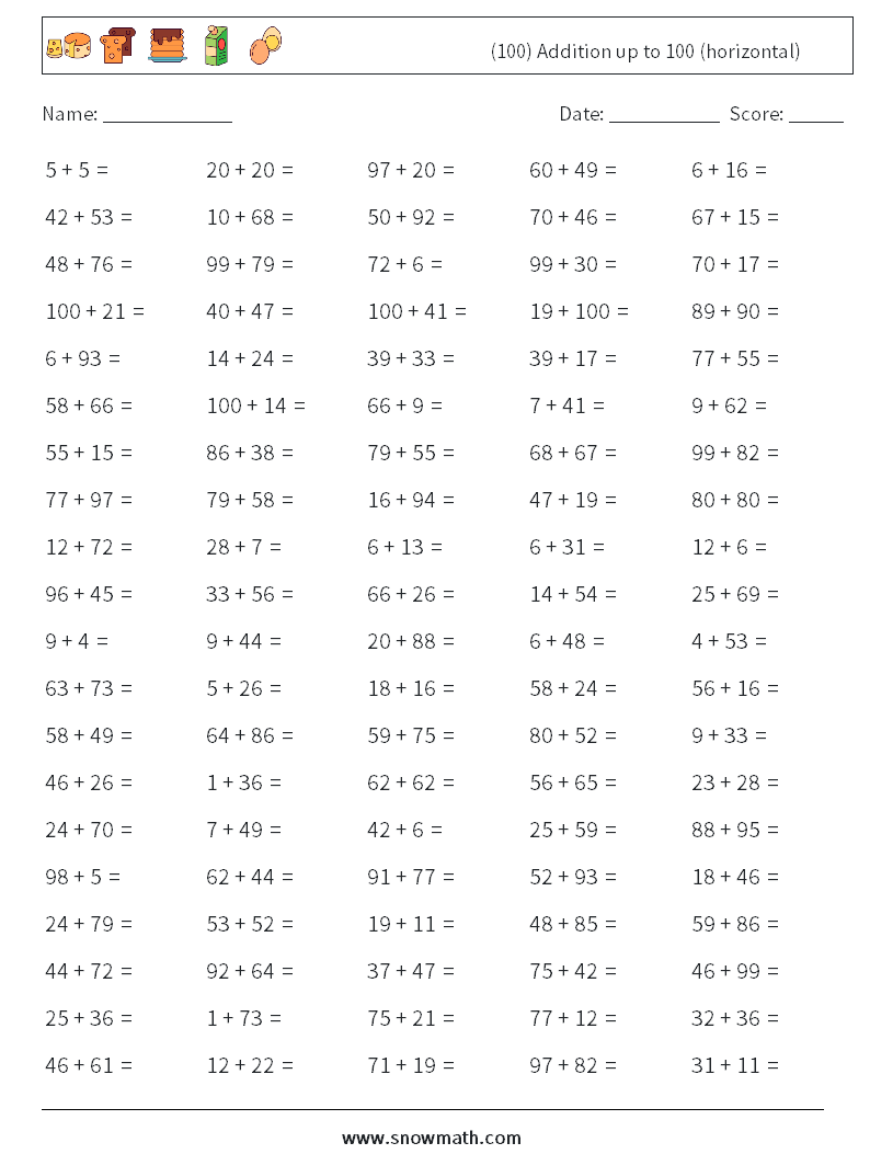 (100) Addition up to 100 (horizontal) Math Worksheets 4