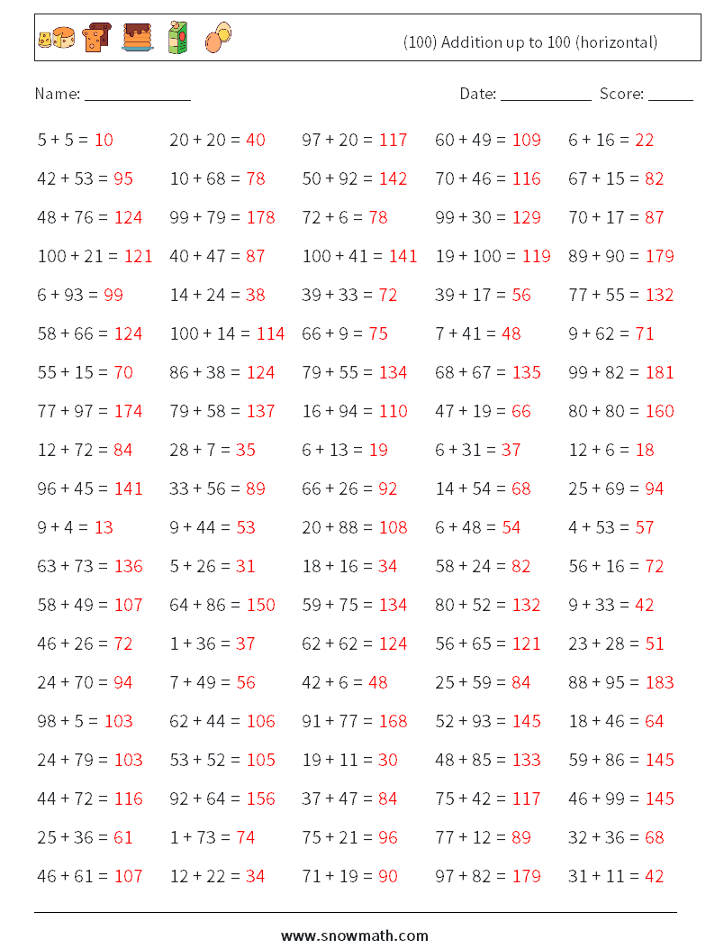 (100) Addition up to 100 (horizontal) Math Worksheets 4 Question, Answer