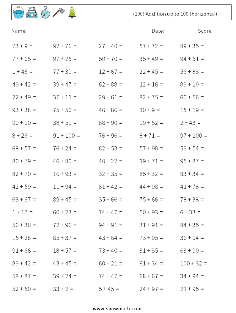 (100) Addition up to 100 (horizontal) Math Worksheets 5