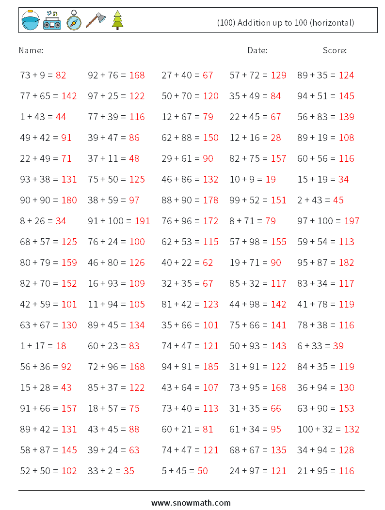 (100) Addition up to 100 (horizontal) Math Worksheets 5 Question, Answer