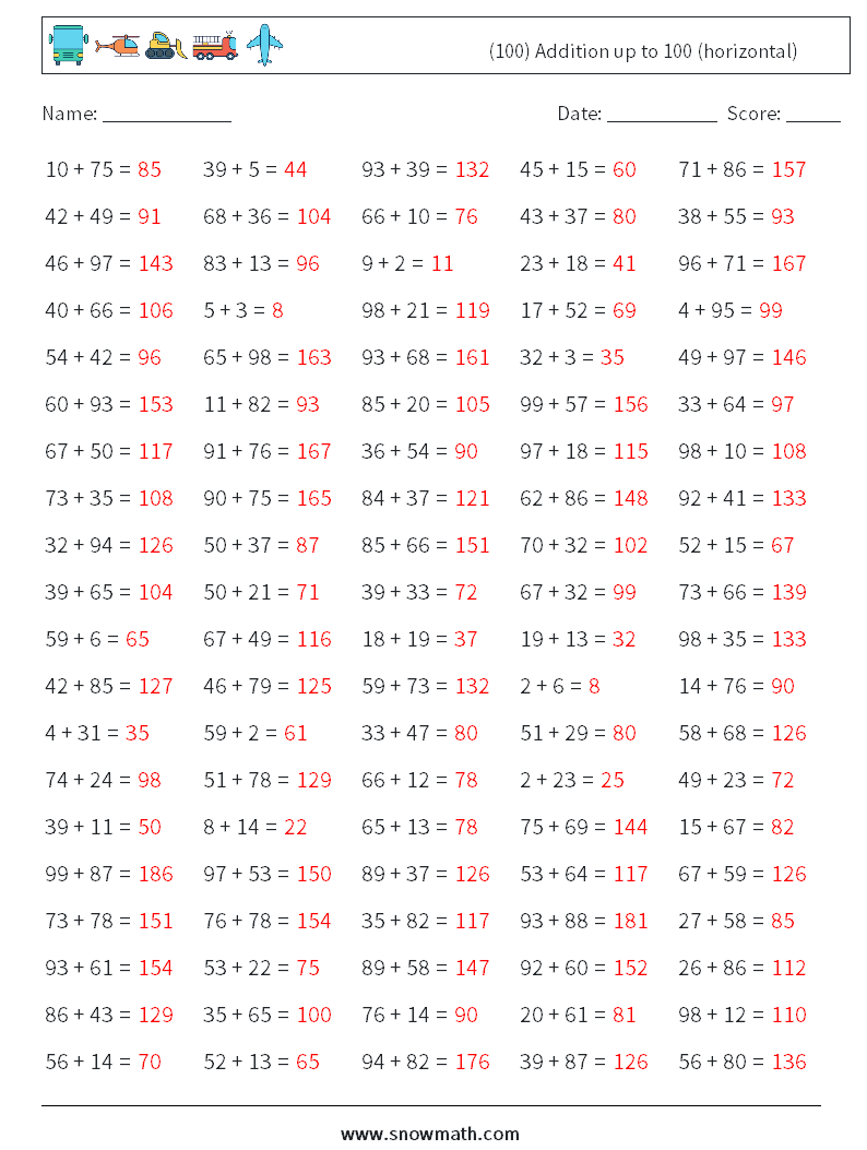 (100) Addition up to 100 (horizontal) Math Worksheets 6 Question, Answer