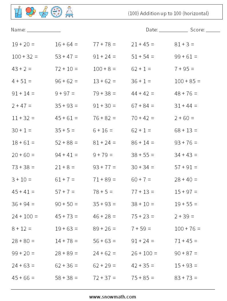 (100) Addition up to 100 (horizontal) Math Worksheets 7