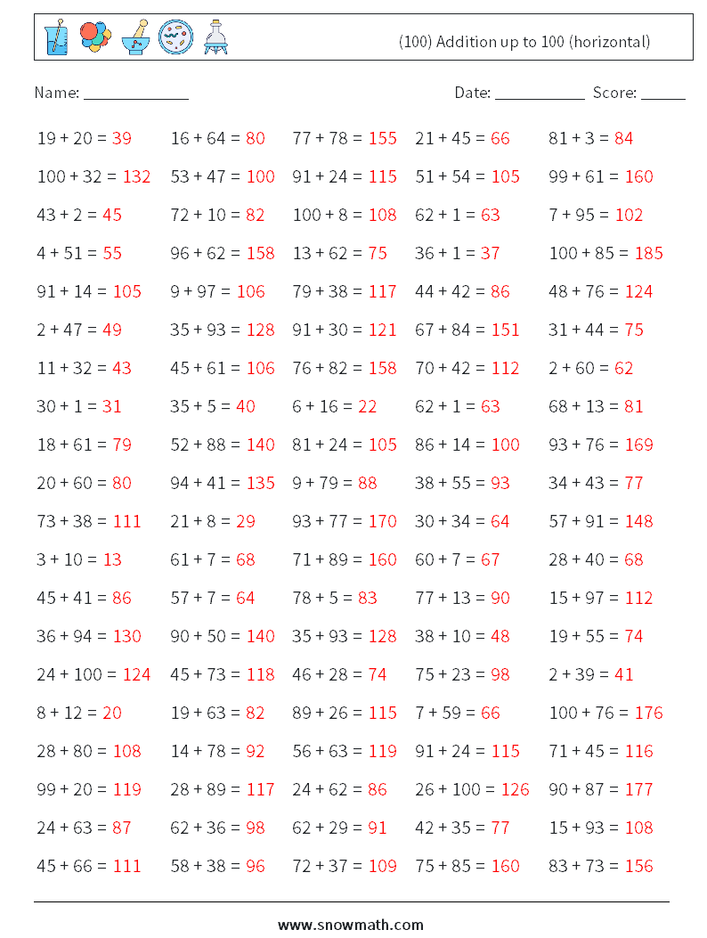 (100) Addition up to 100 (horizontal) Math Worksheets 7 Question, Answer