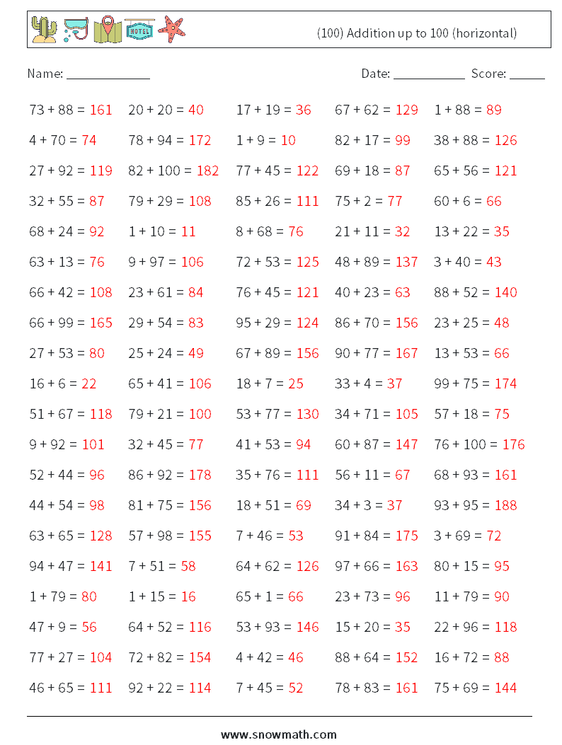 (100) Addition up to 100 (horizontal) Math Worksheets 8 Question, Answer