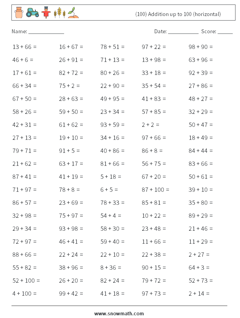 (100) Addition up to 100 (horizontal) Math Worksheets 9