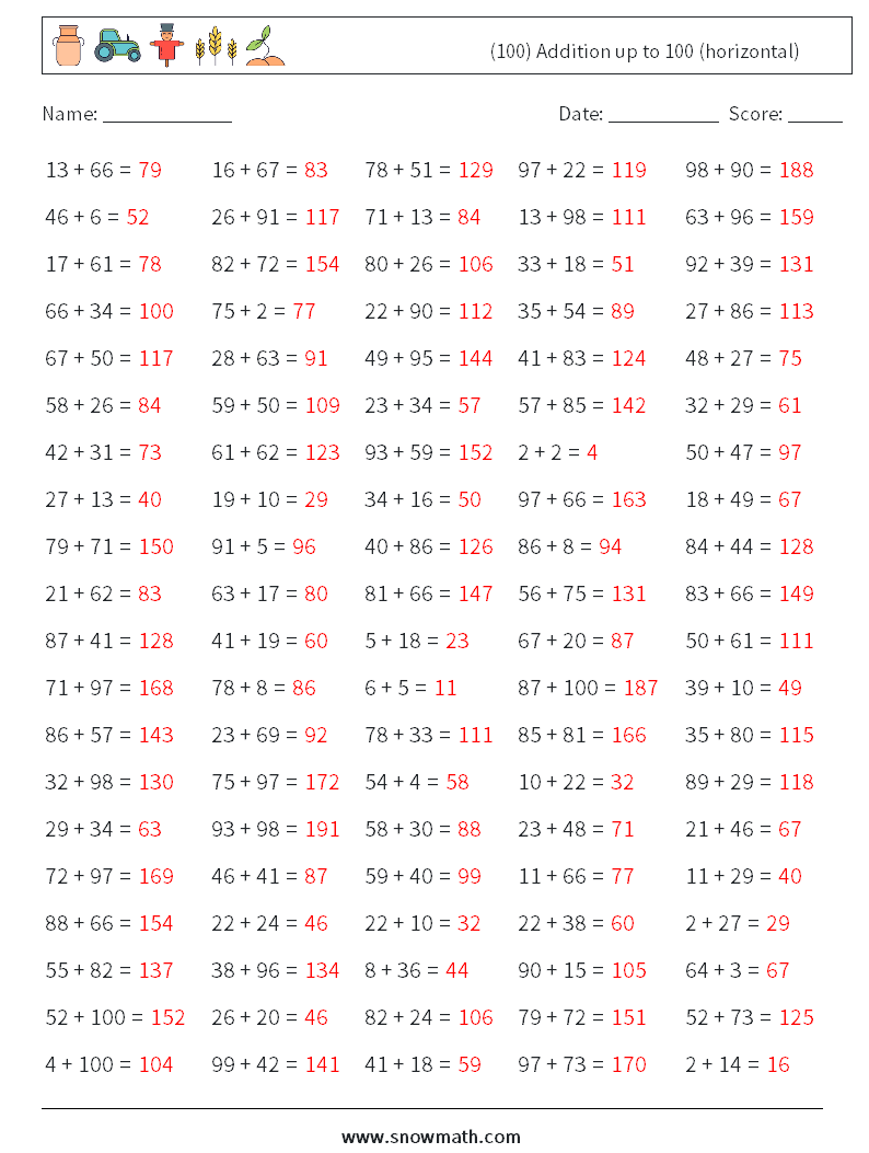 (100) Addition up to 100 (horizontal) Math Worksheets 9 Question, Answer