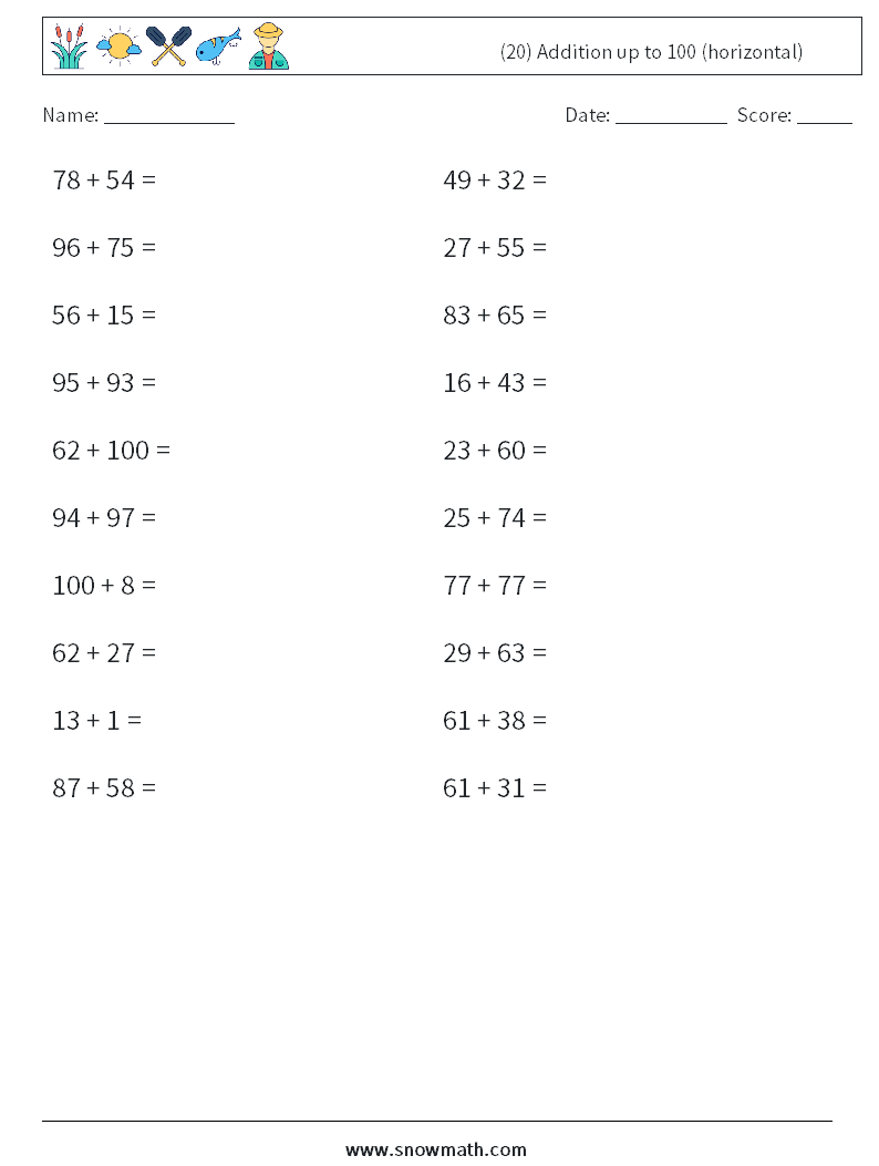 (20) Addition up to 100 (horizontal) Math Worksheets 1