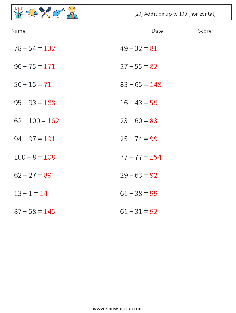 (20) Addition up to 100 (horizontal) Math Worksheets 1 Question, Answer