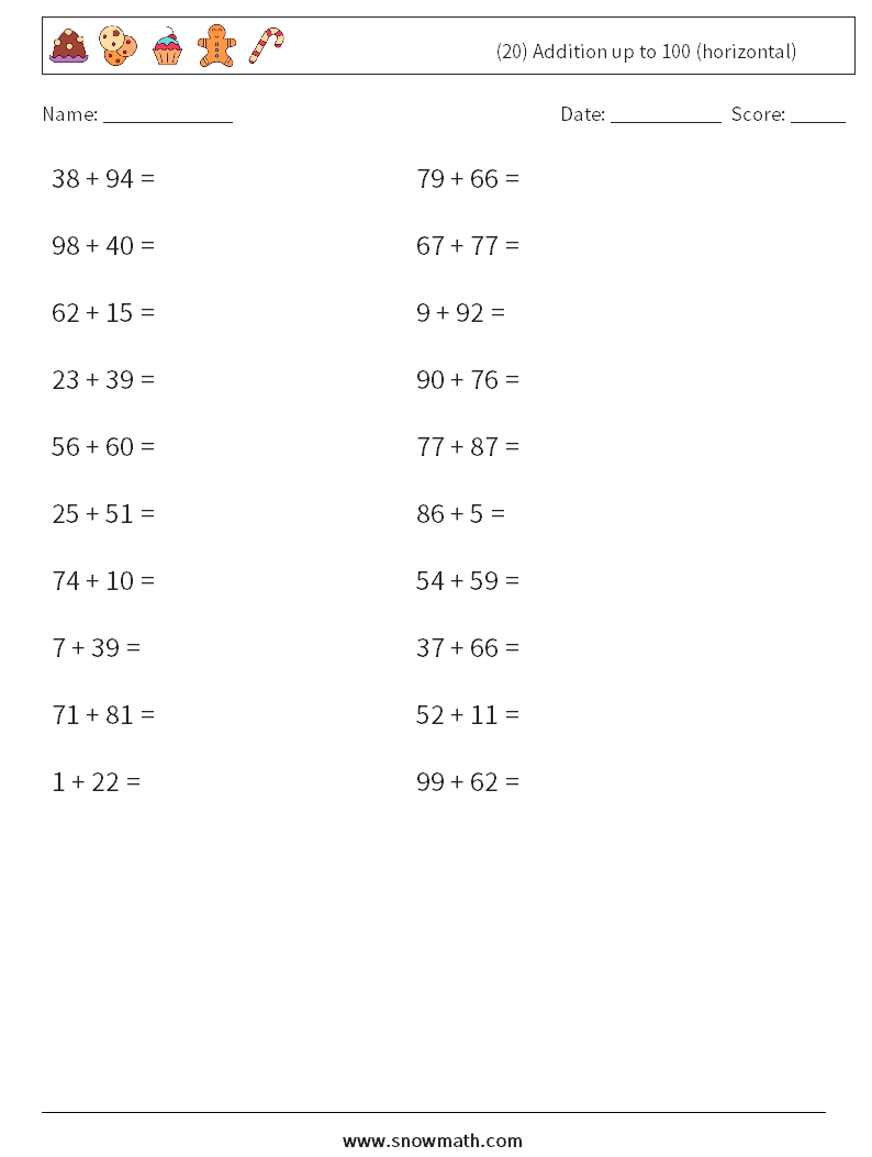 (20) Addition up to 100 (horizontal) Math Worksheets 2