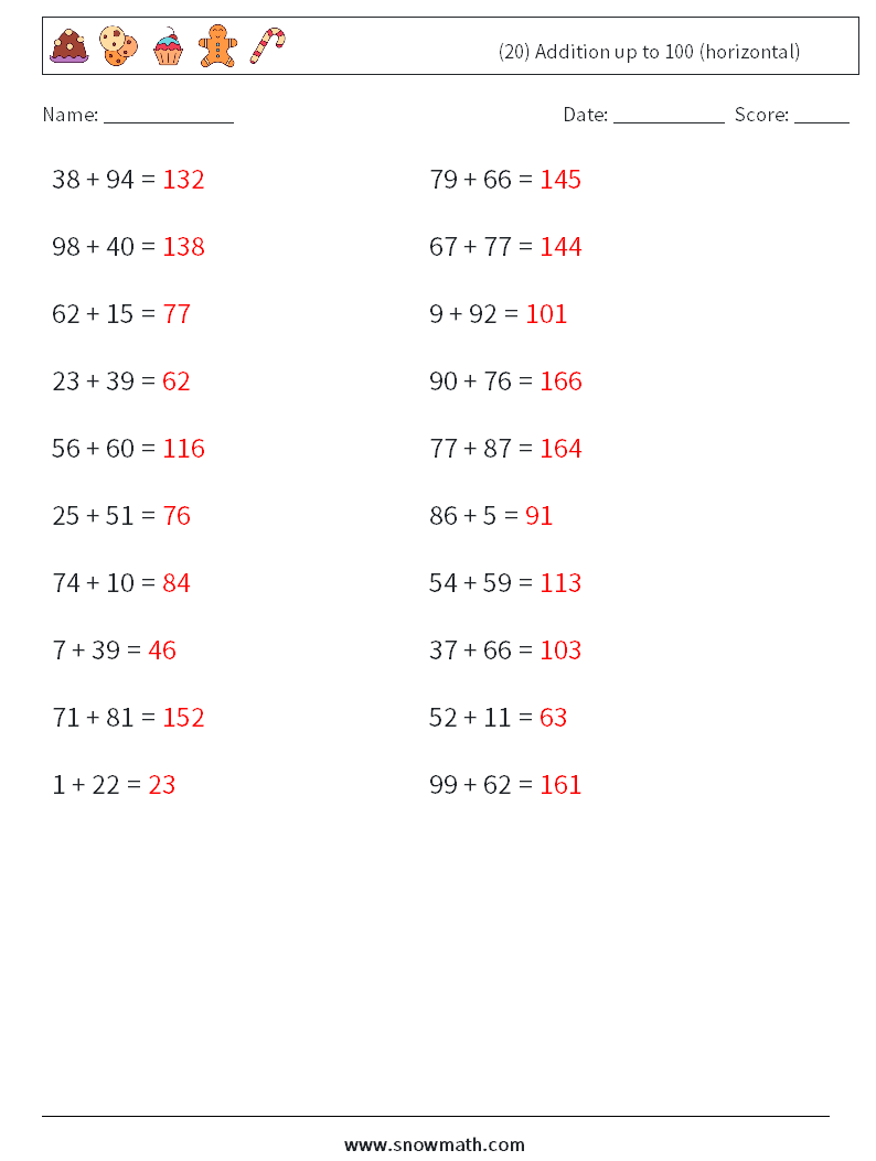 (20) Addition up to 100 (horizontal) Math Worksheets 2 Question, Answer