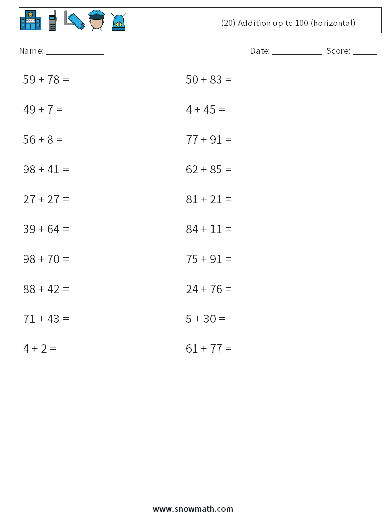 (20) Addition up to 100 (horizontal) Math Worksheets 3