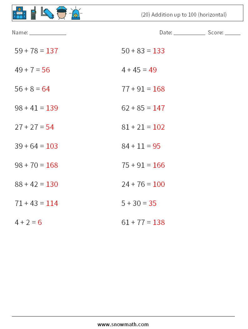 (20) Addition up to 100 (horizontal) Math Worksheets 3 Question, Answer