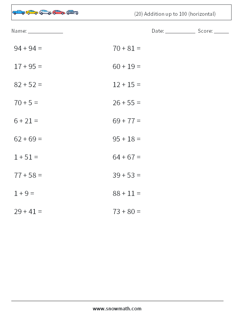 (20) Addition up to 100 (horizontal) Math Worksheets 4