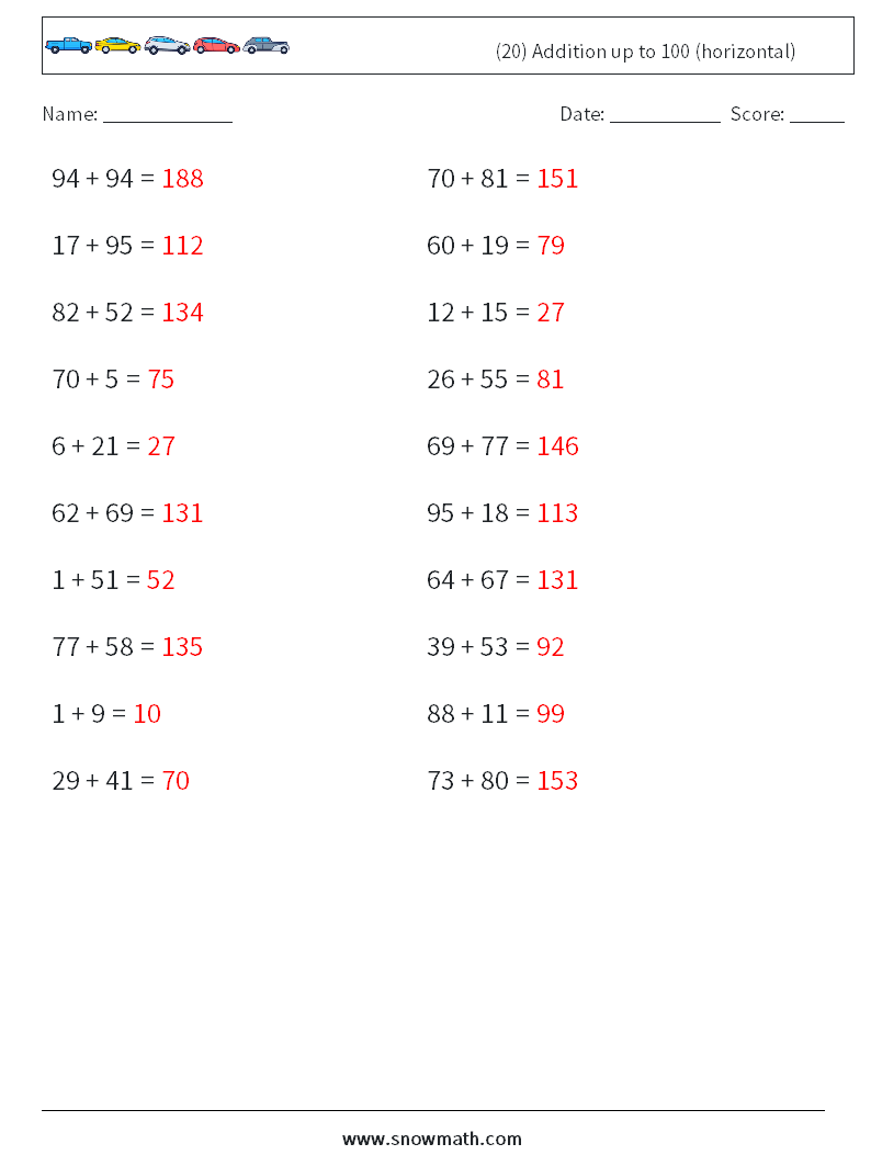 (20) Addition up to 100 (horizontal) Math Worksheets 4 Question, Answer
