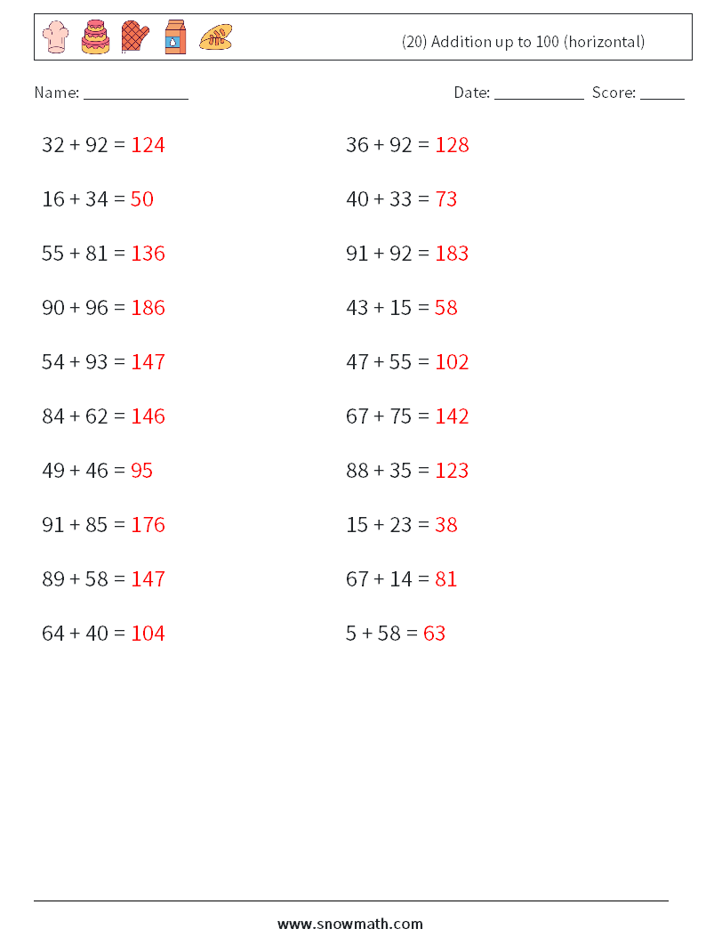 (20) Addition up to 100 (horizontal) Math Worksheets 5 Question, Answer