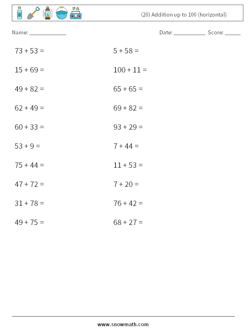 (20) Addition up to 100 (horizontal) Math Worksheets 6