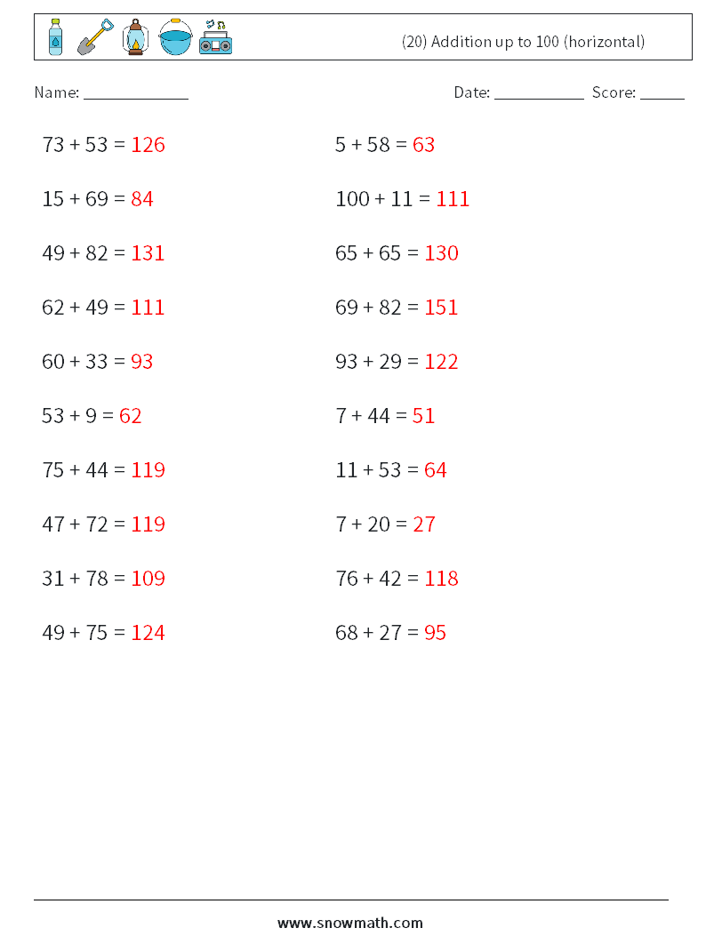 (20) Addition up to 100 (horizontal) Math Worksheets 6 Question, Answer