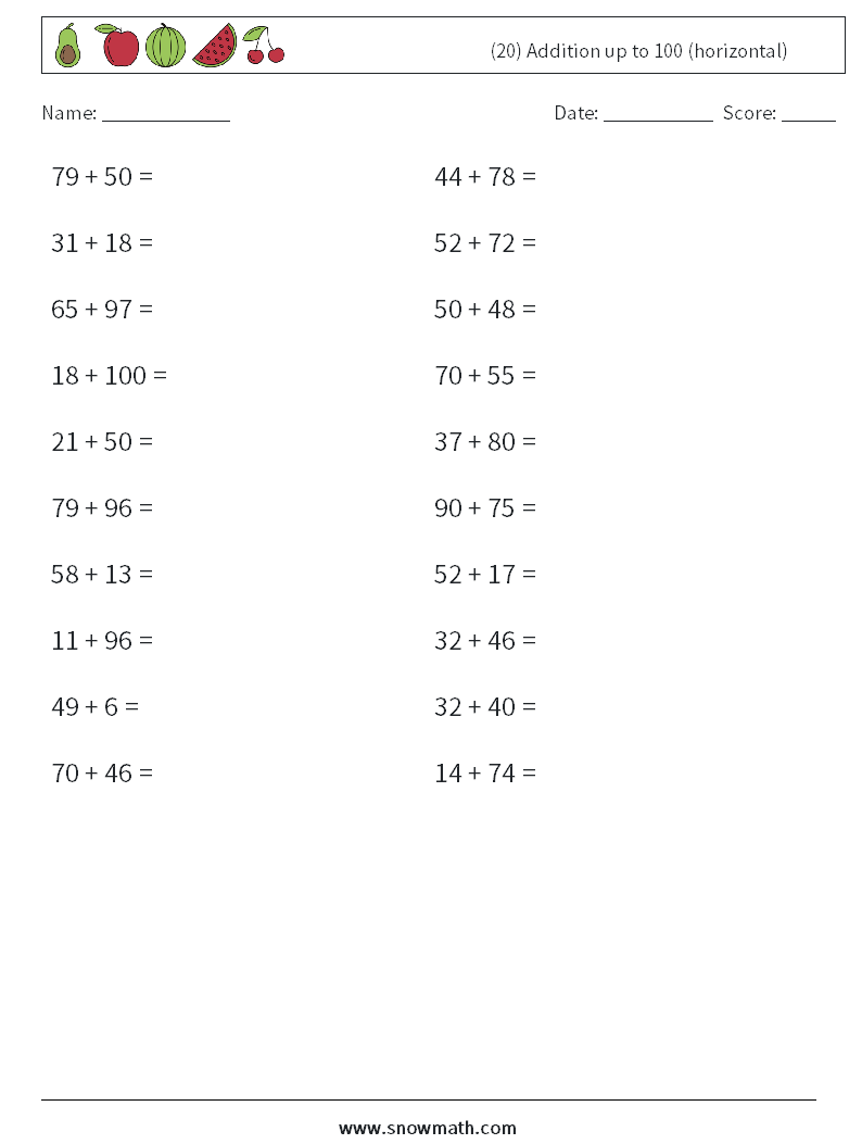 (20) Addition up to 100 (horizontal) Math Worksheets 7