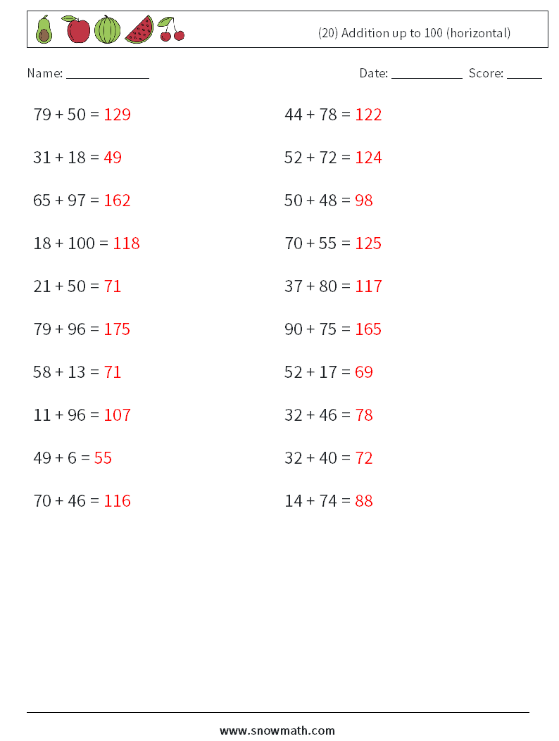 (20) Addition up to 100 (horizontal) Math Worksheets 7 Question, Answer