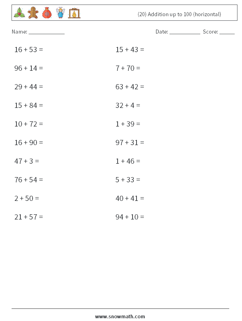 (20) Addition up to 100 (horizontal) Math Worksheets 8