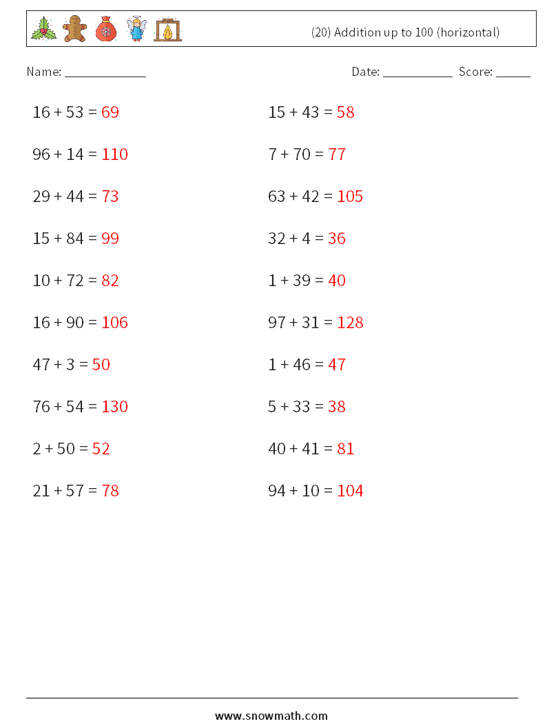 (20) Addition up to 100 (horizontal) Math Worksheets 8 Question, Answer