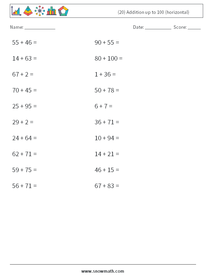 (20) Addition up to 100 (horizontal) Math Worksheets 9