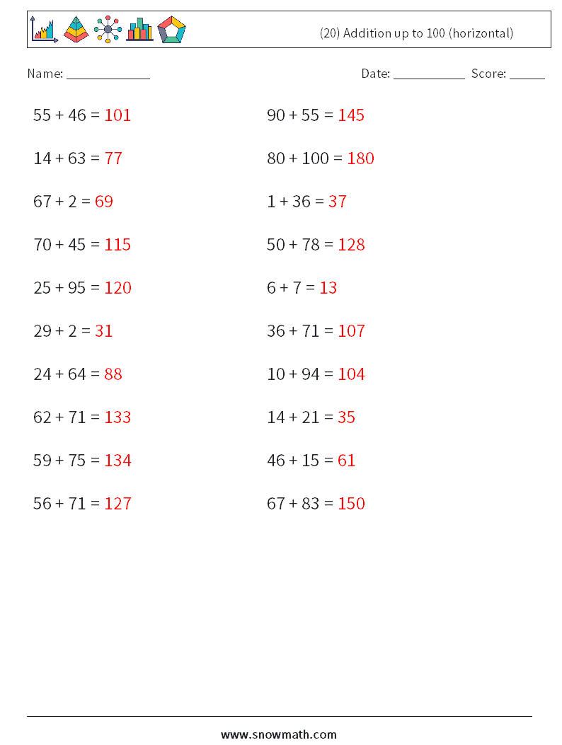 (20) Addition up to 100 (horizontal) Math Worksheets 9 Question, Answer