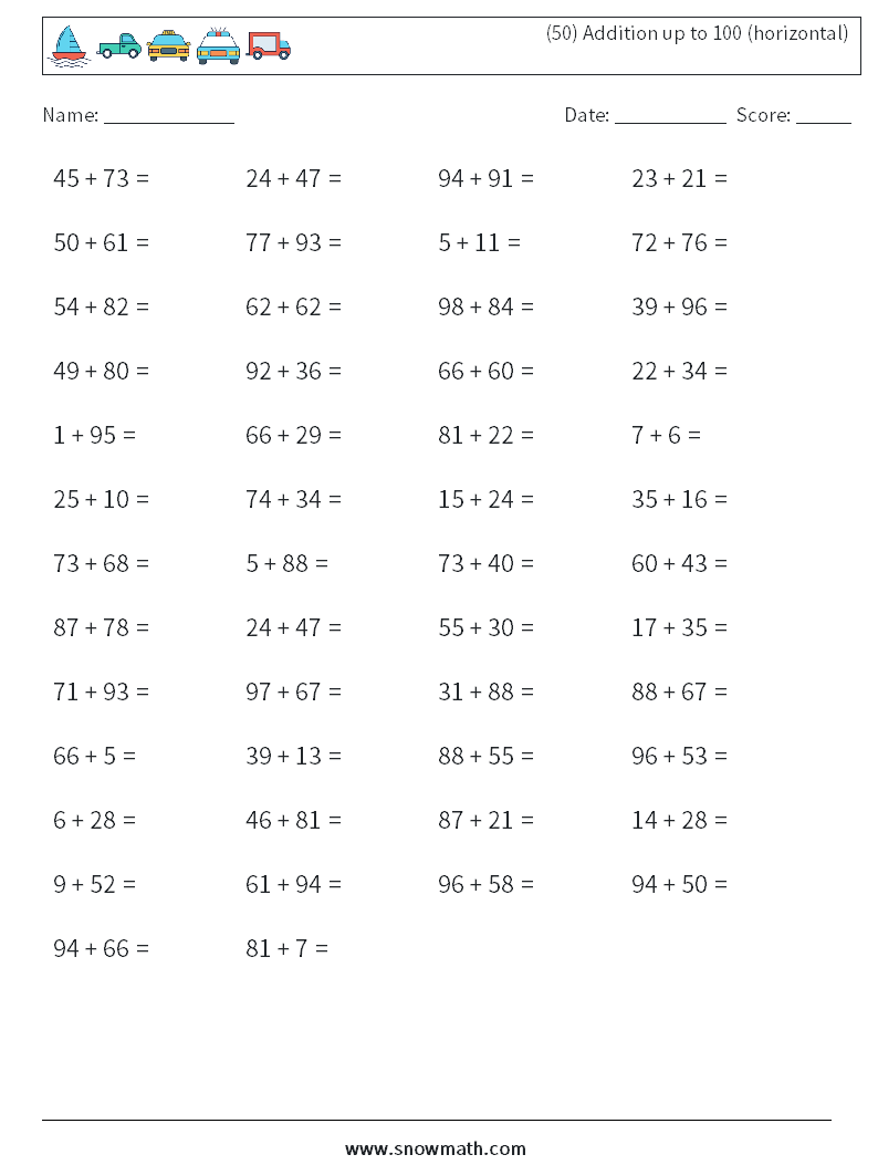 (50) Addition up to 100 (horizontal) Math Worksheets 1