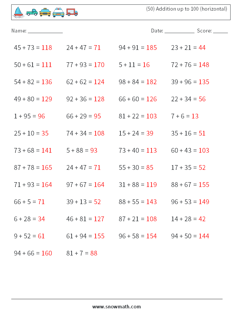 (50) Addition up to 100 (horizontal) Math Worksheets 1 Question, Answer