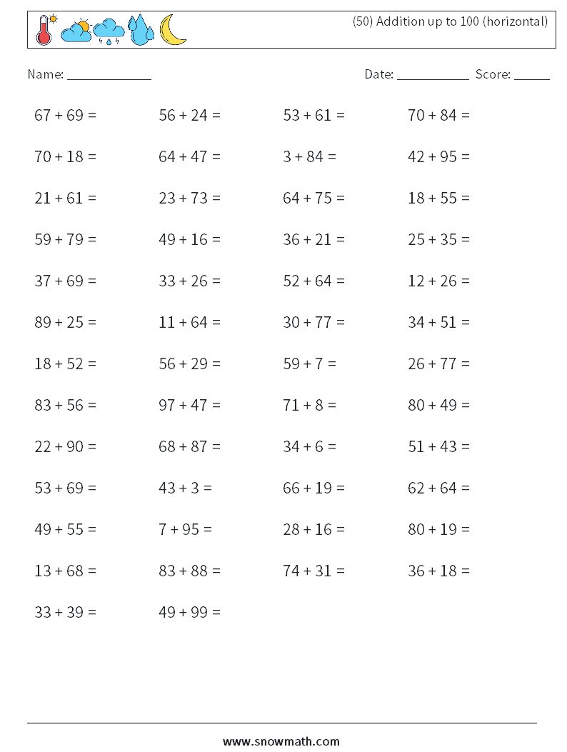 (50) Addition up to 100 (horizontal) Math Worksheets 3