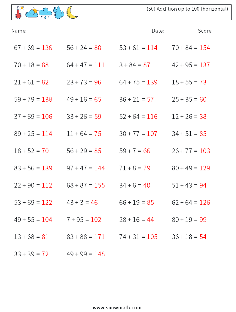 (50) Addition up to 100 (horizontal) Math Worksheets 3 Question, Answer