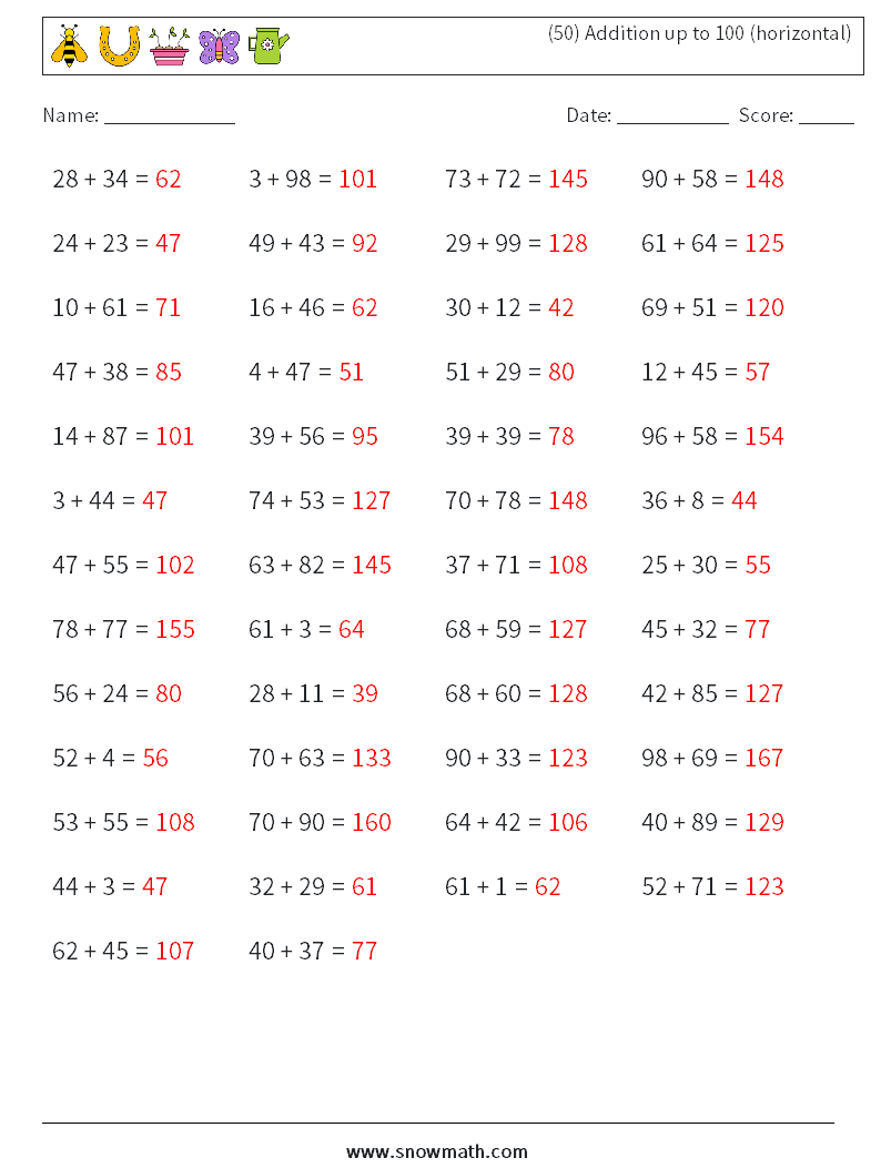 (50) Addition up to 100 (horizontal) Math Worksheets 4 Question, Answer