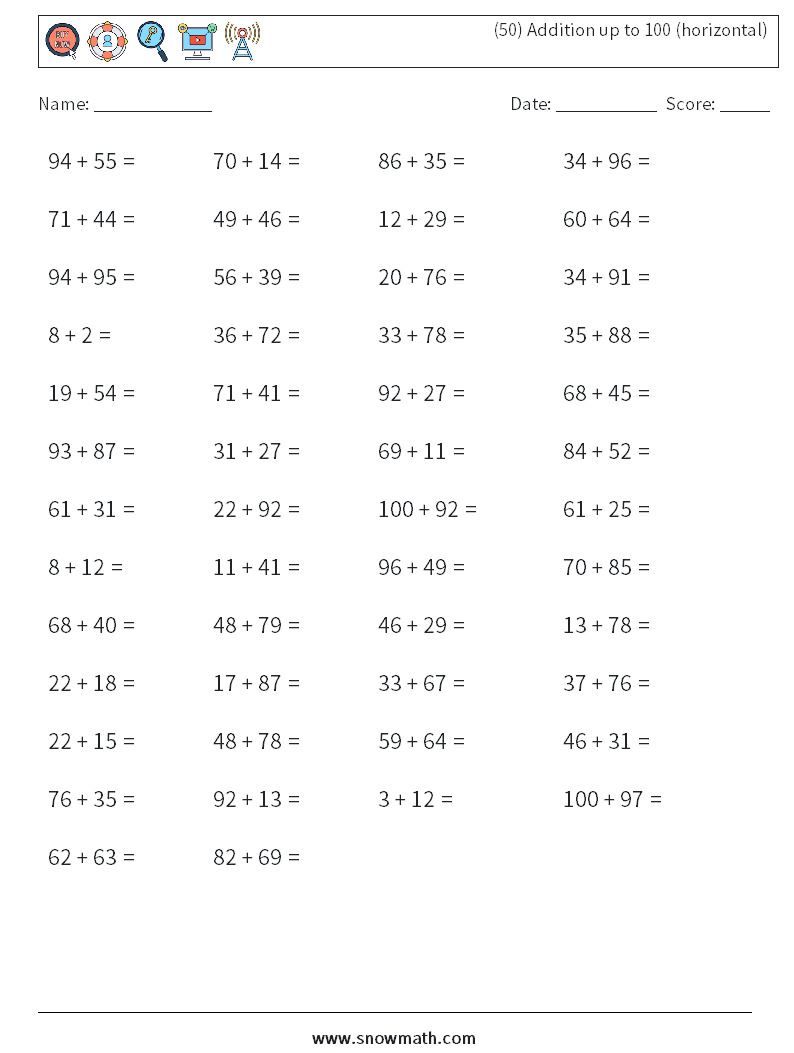 (50) Addition up to 100 (horizontal) Math Worksheets 5