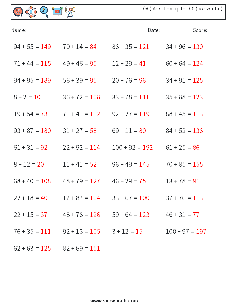 (50) Addition up to 100 (horizontal) Math Worksheets 5 Question, Answer