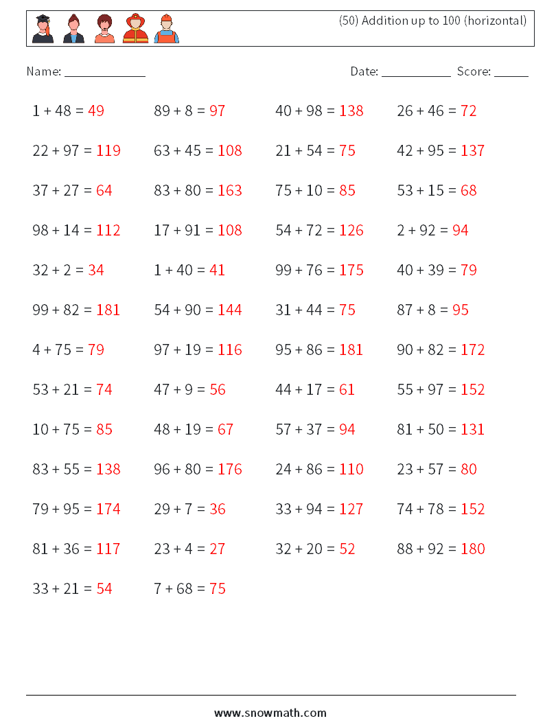 (50) Addition up to 100 (horizontal) Math Worksheets 6 Question, Answer